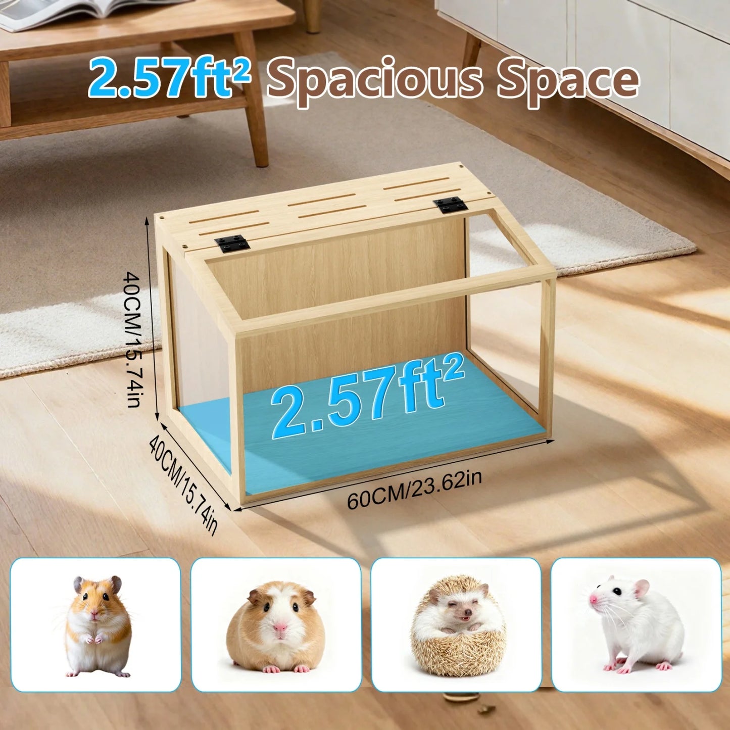 Wooden Hamster Cage Chewproof Tempered Glass Panels And LED Light