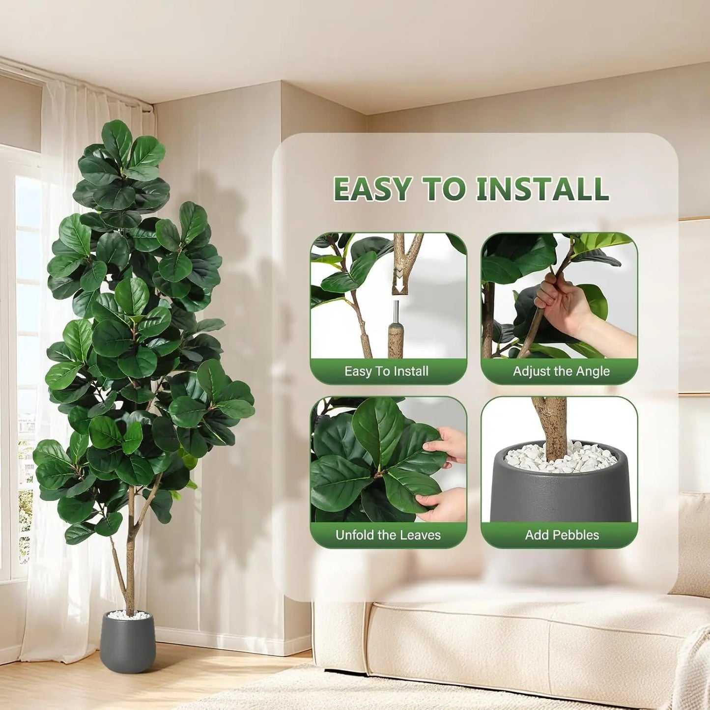 HiMISS Artificial Fiddle Leaf Fig Tree Realistic Leaves Planter Pot