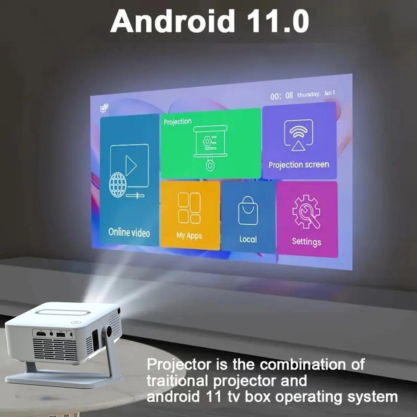 Xnano Smart Android Projector With HDMI USB Bluetooth Speaker