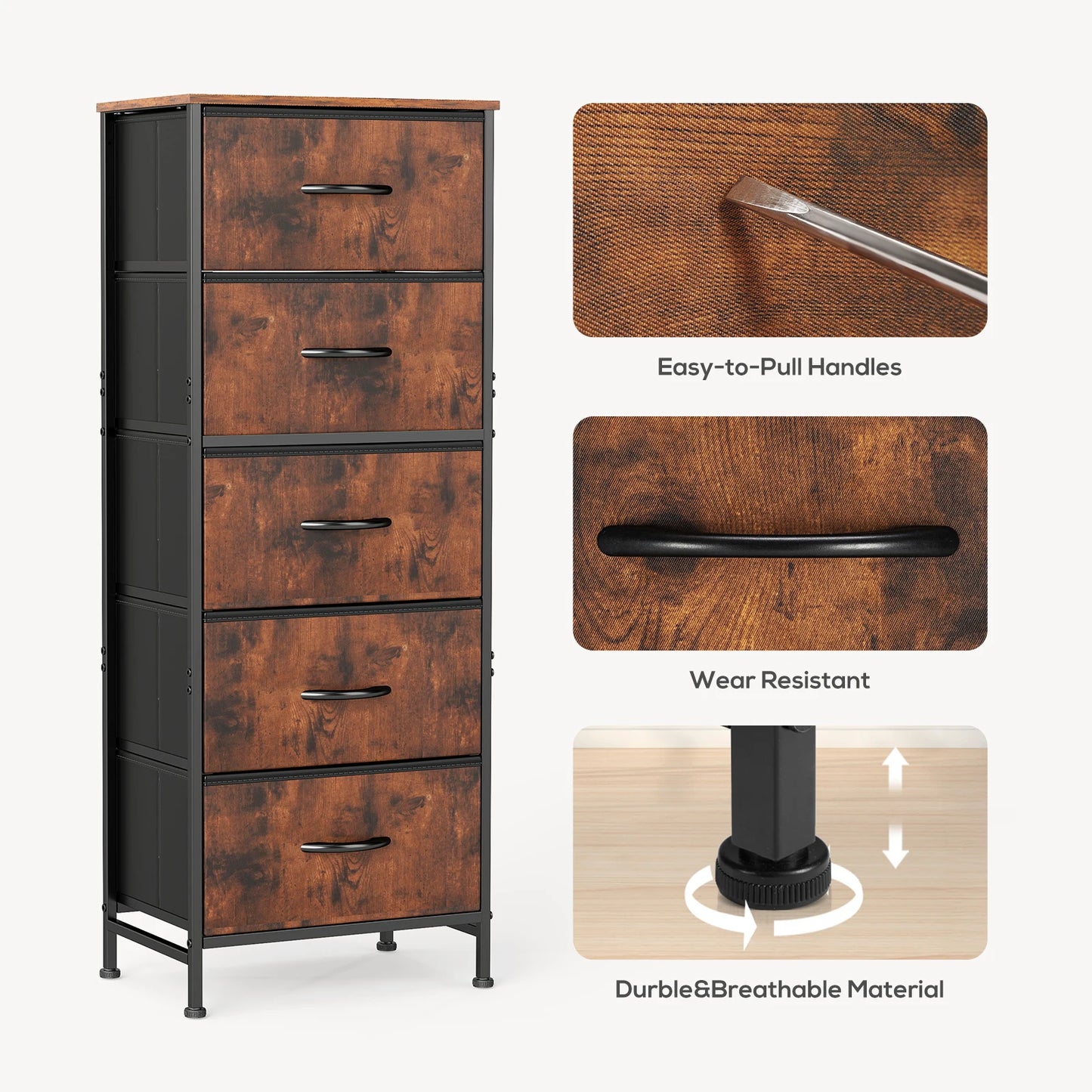JHK Dresser With Five Fabric Drawers Steel Frame Bedroom Furniture