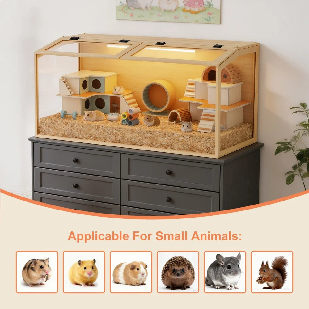 Wooden Hamster Habitat Cage With Clear Glass And LED Lighting