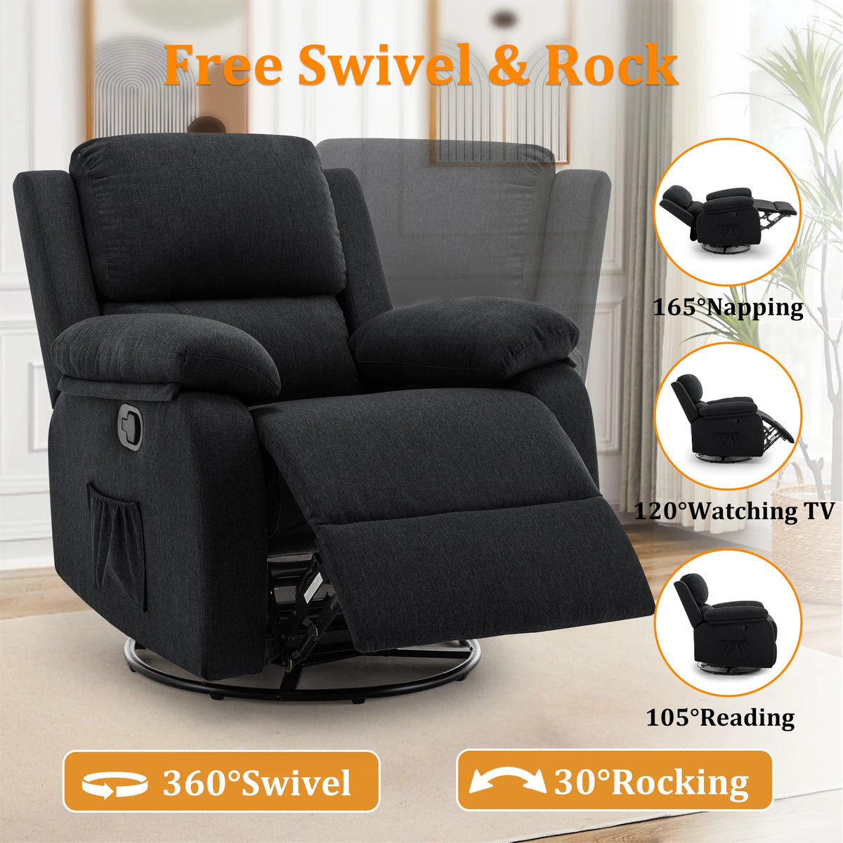Korser Modern Fabric Swivel Rocking Recliner Chair for Living Room