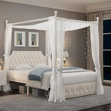 XMSJ Canopy Bed Frame With Storage Drawers And Metal Platform