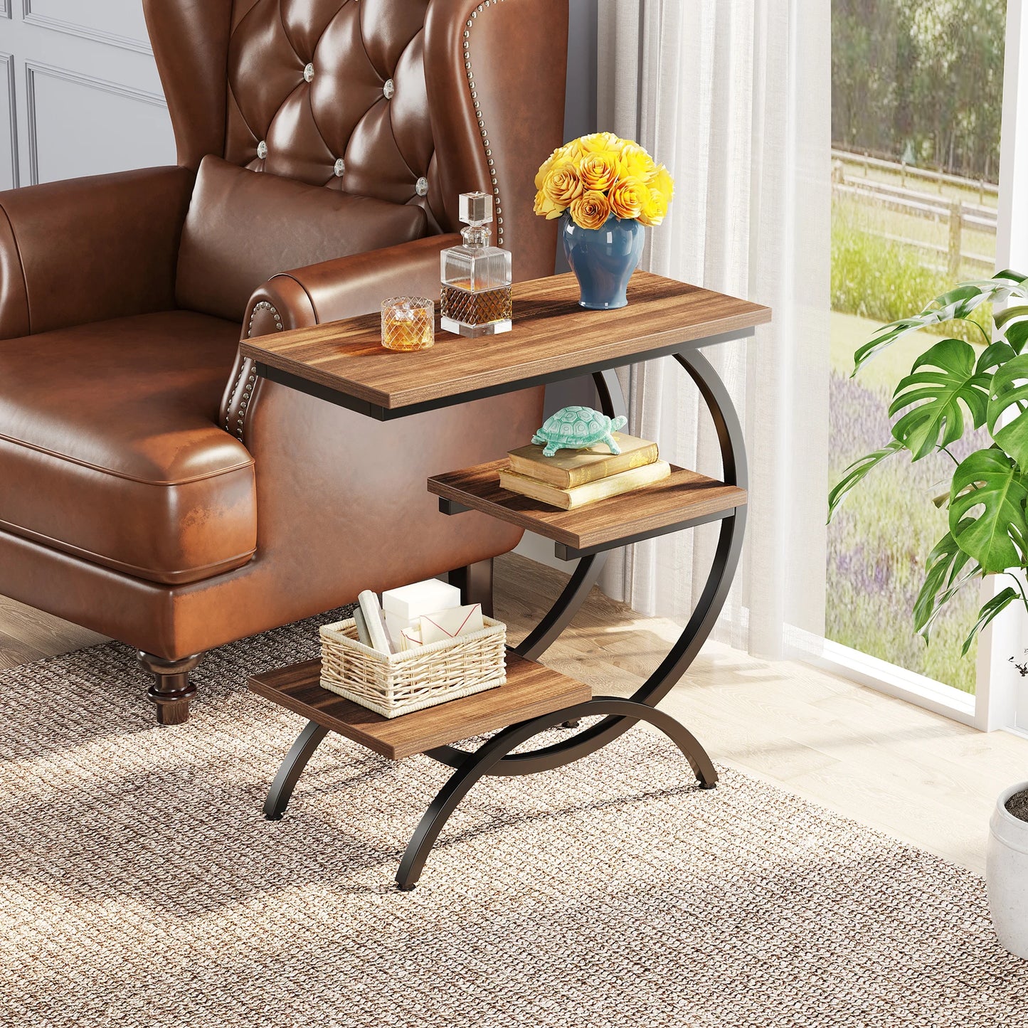 Tribesigns C Shaped End Table With 3 Tier Storage Shelves