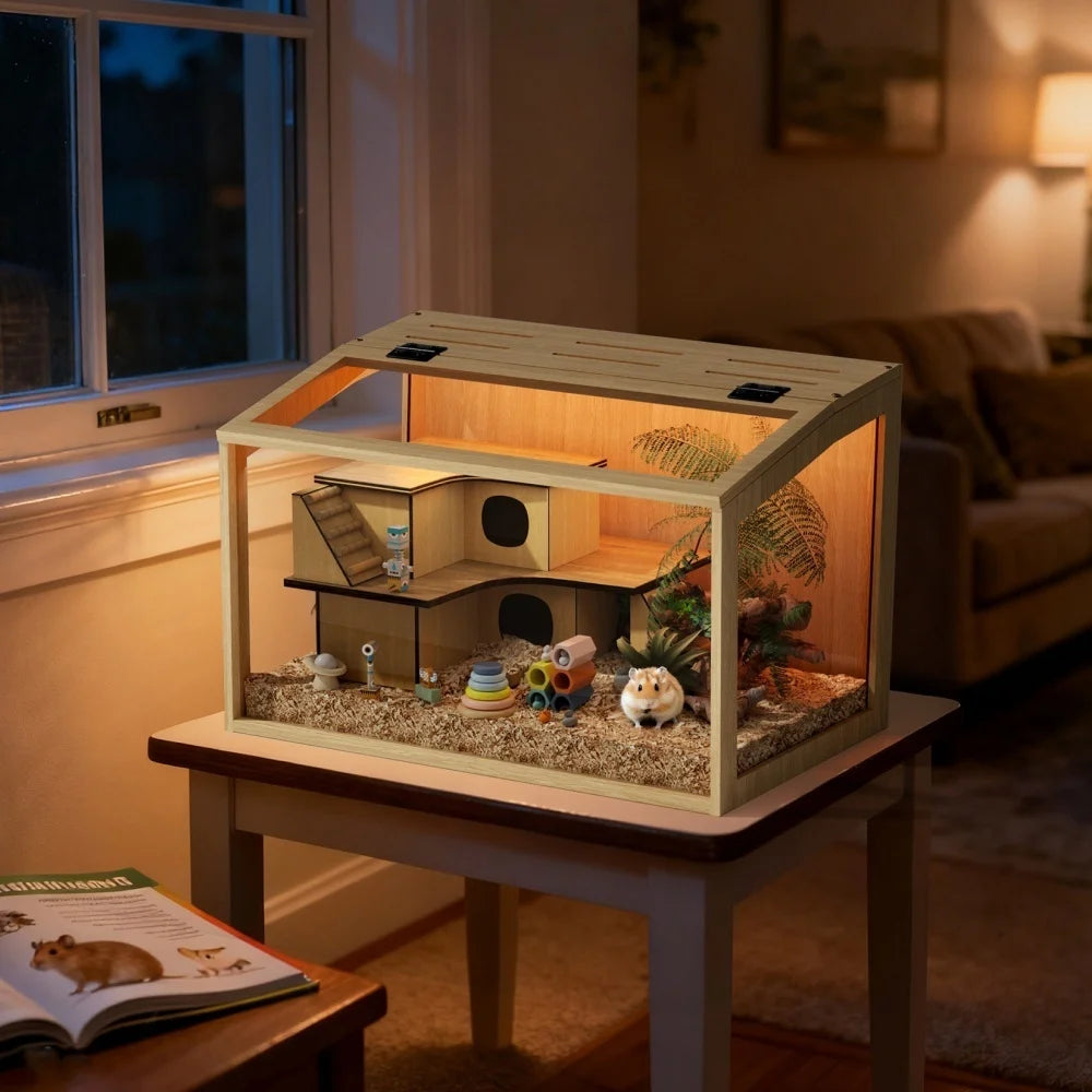 Wooden Hamster Habitat Cage With Clear Glass And LED Lighting
