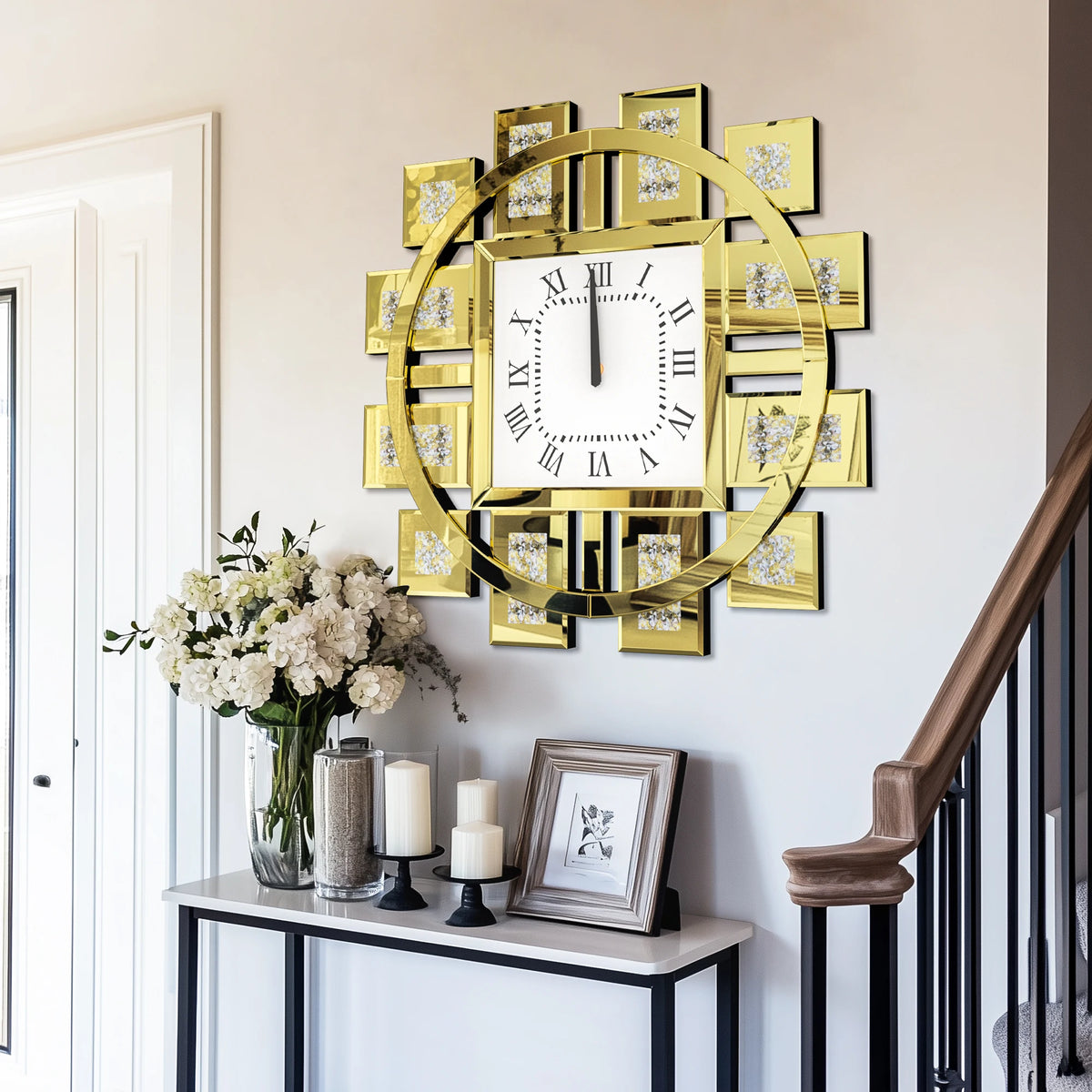 Crushed Diamond Mirrored Wall Clock With Roman Numerals