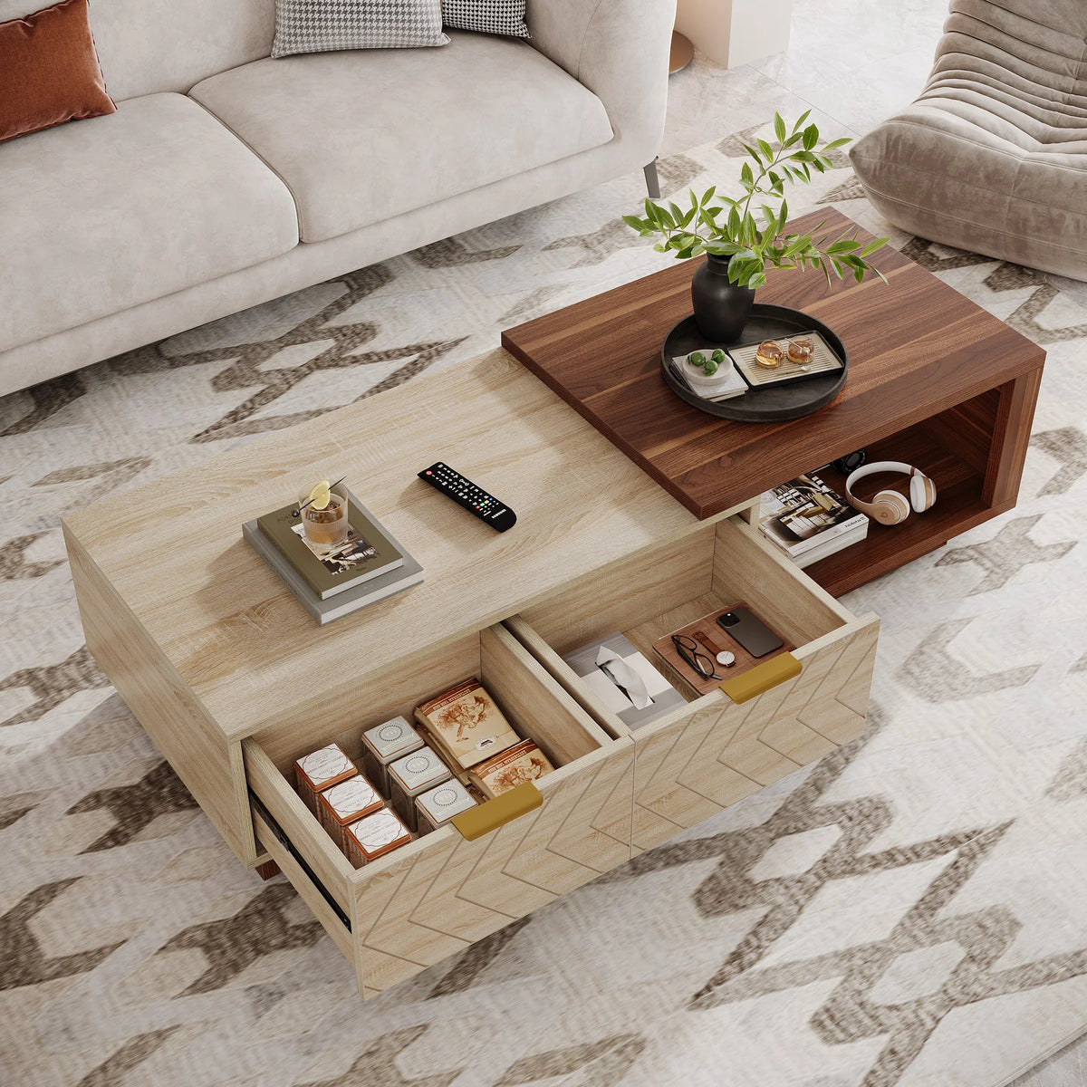 Tribesigns Extendable Rectangular Wood Coffee Table With Drawers