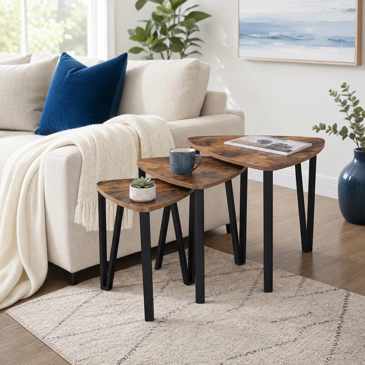 HiMISS Triangle Nesting Coffee Tables Three Piece Set Metal Frames