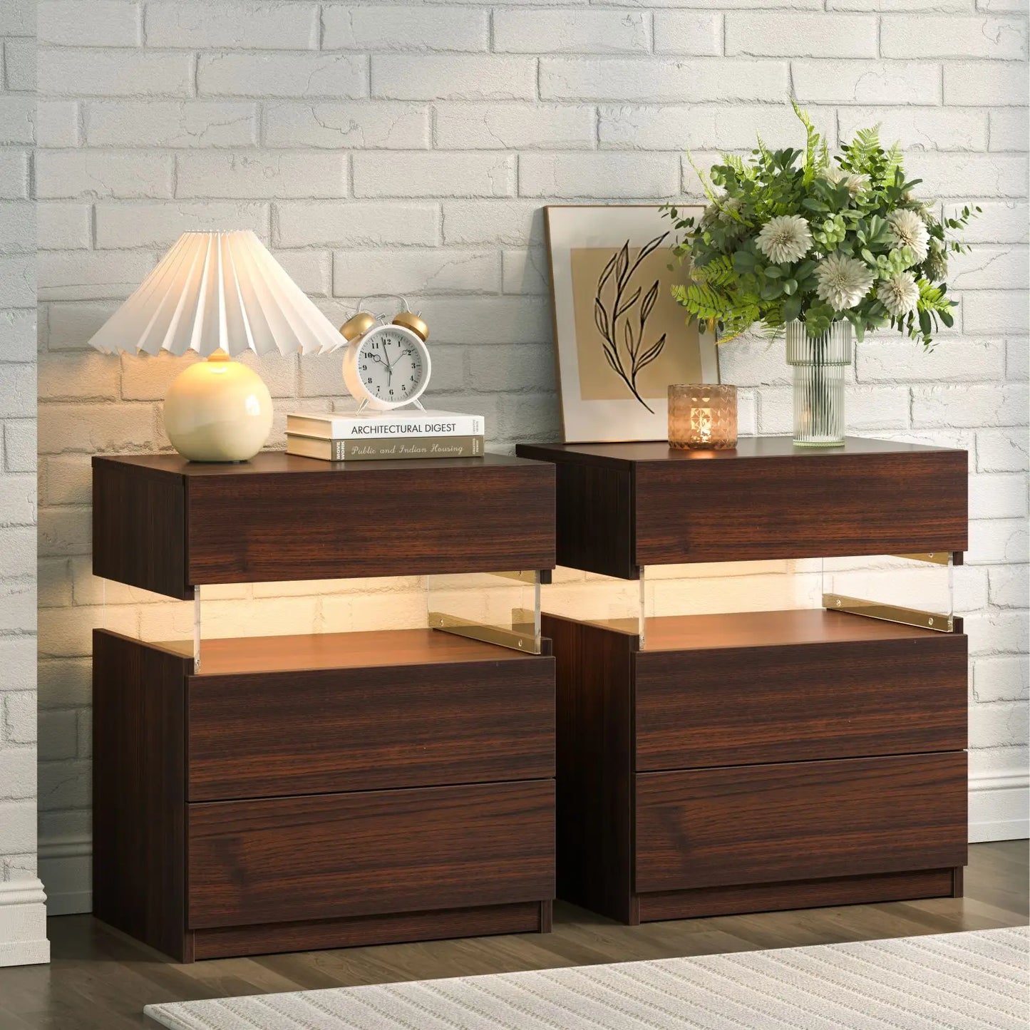 Cubehom Bedside Tables Set With LED Lighting 3 Drawer Nightstands