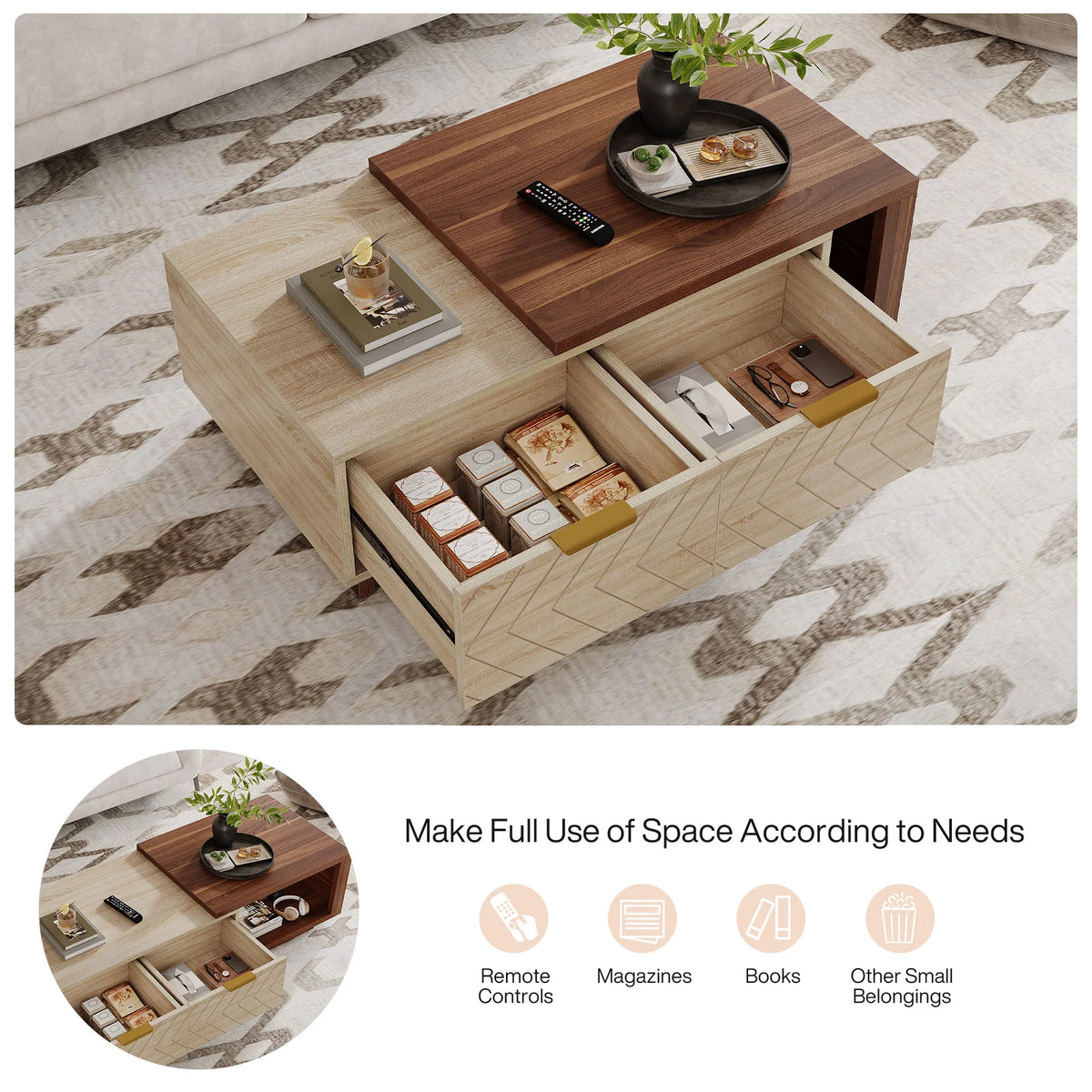 Tribesigns Extendable Rectangular Wood Coffee Table With Drawers