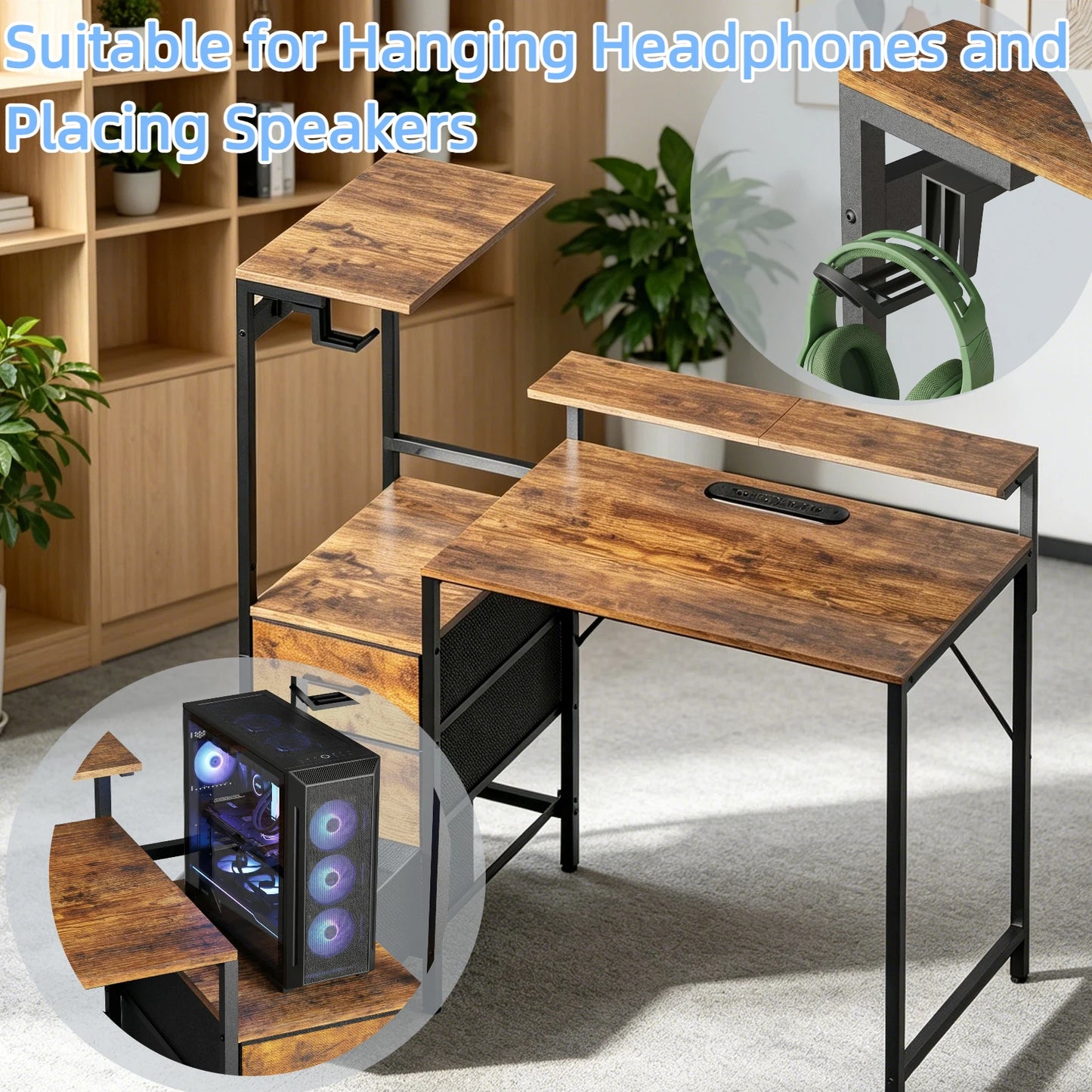 NEBMAAX Gaming Desk With Monitor Stand LED Lighting USB Ports