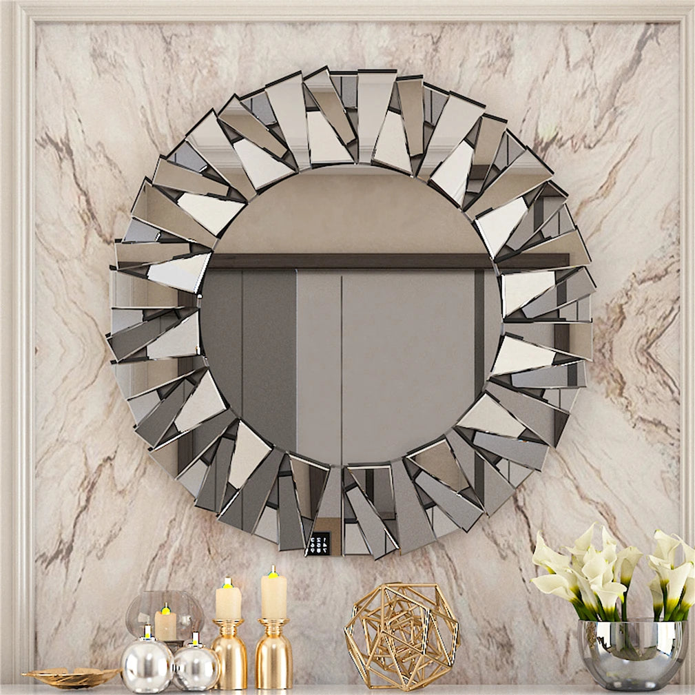 Unique Sunburst Decorative Round Beveled Glass Wall Mirror Accent