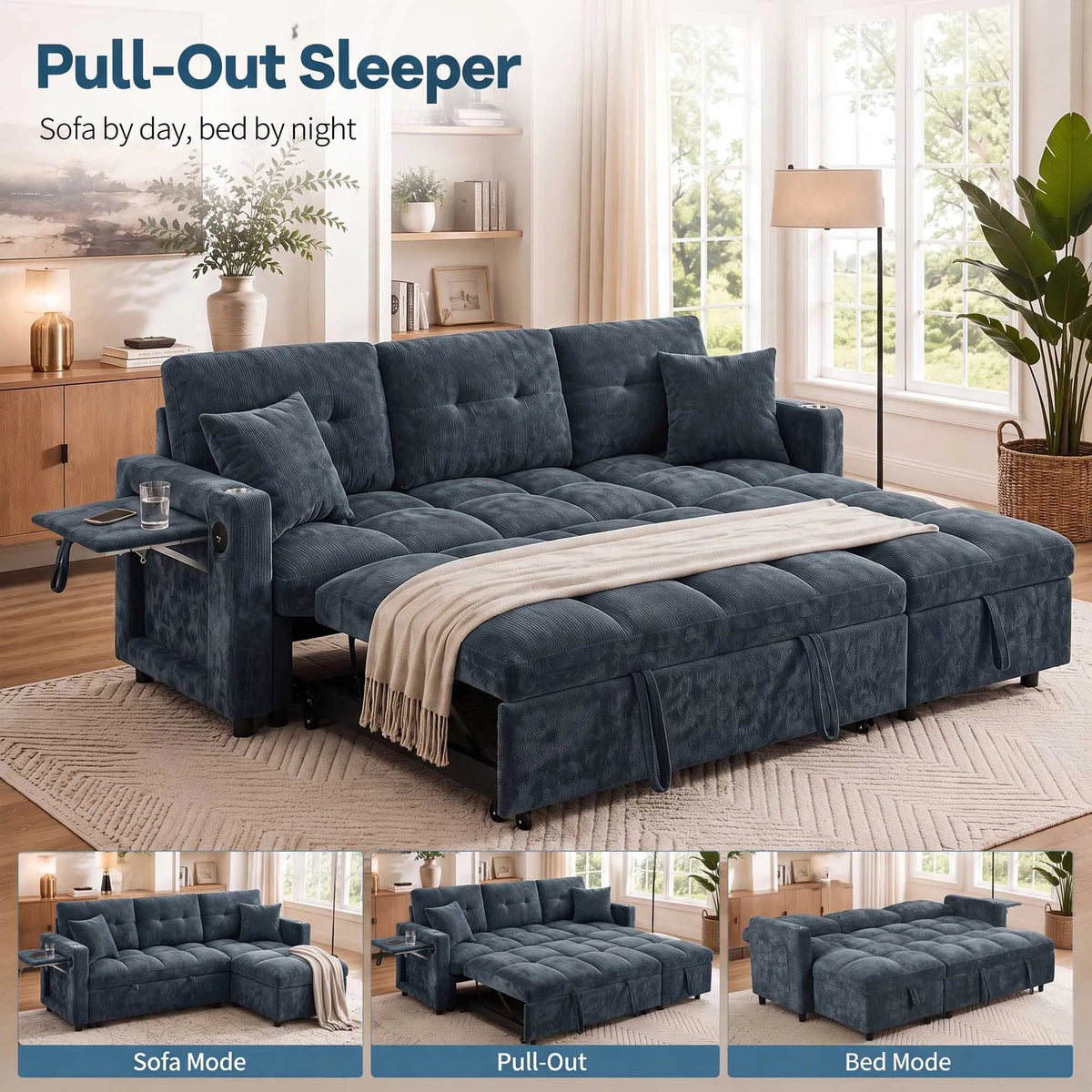 Convertible Sectional Sofa With Pull Out Bed And Storage Chaise