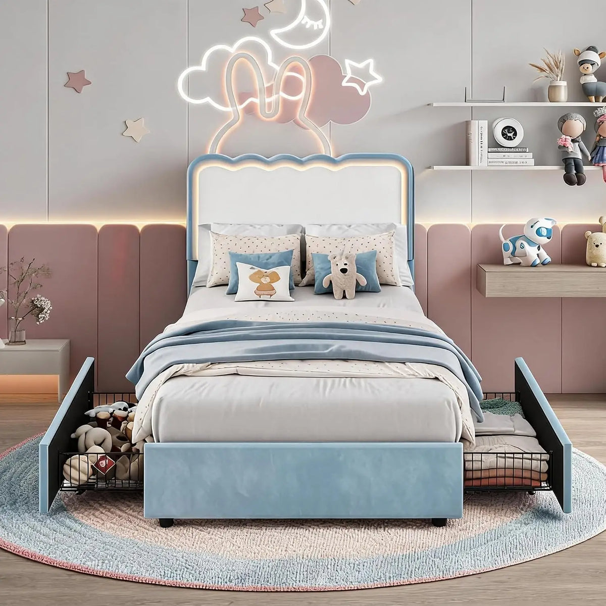 HiMISS LED Velvet Platform Bed With Storage Drawers