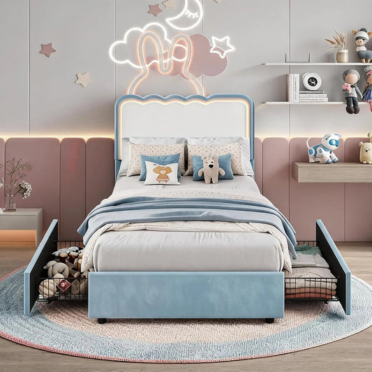 HiMISS LED Velvet Platform Bed With Storage Drawers