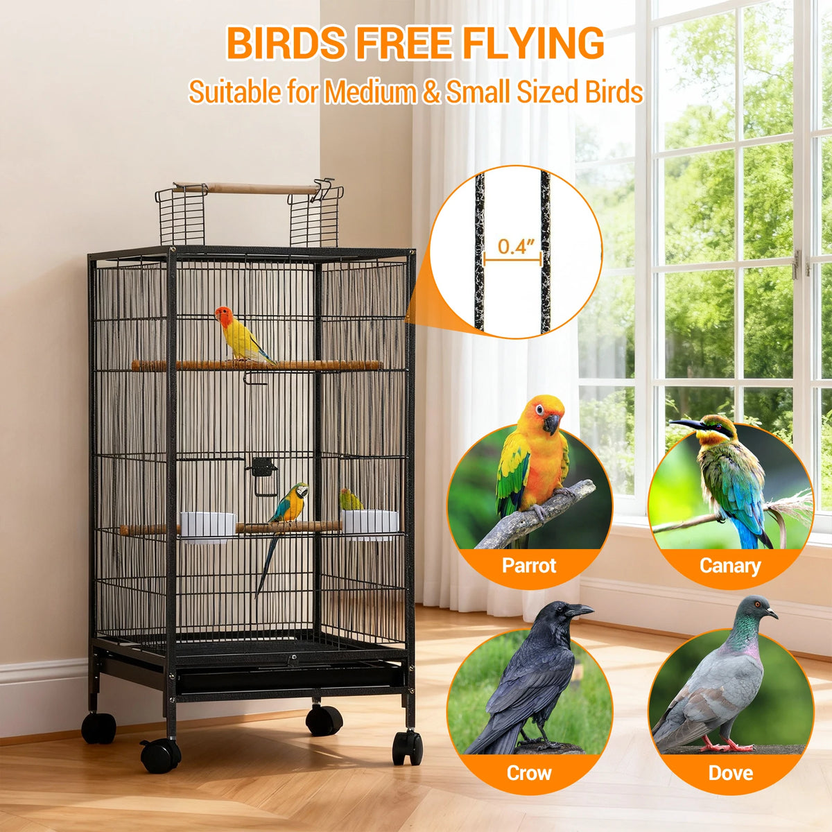 HiMISS Open Top Metal Bird Cage With Perches Feeder Tray