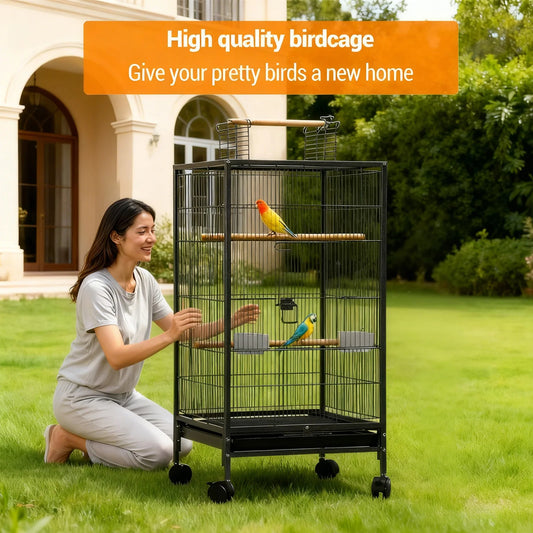 HiMISS Open Top Metal Bird Cage With Perches Feeder Tray