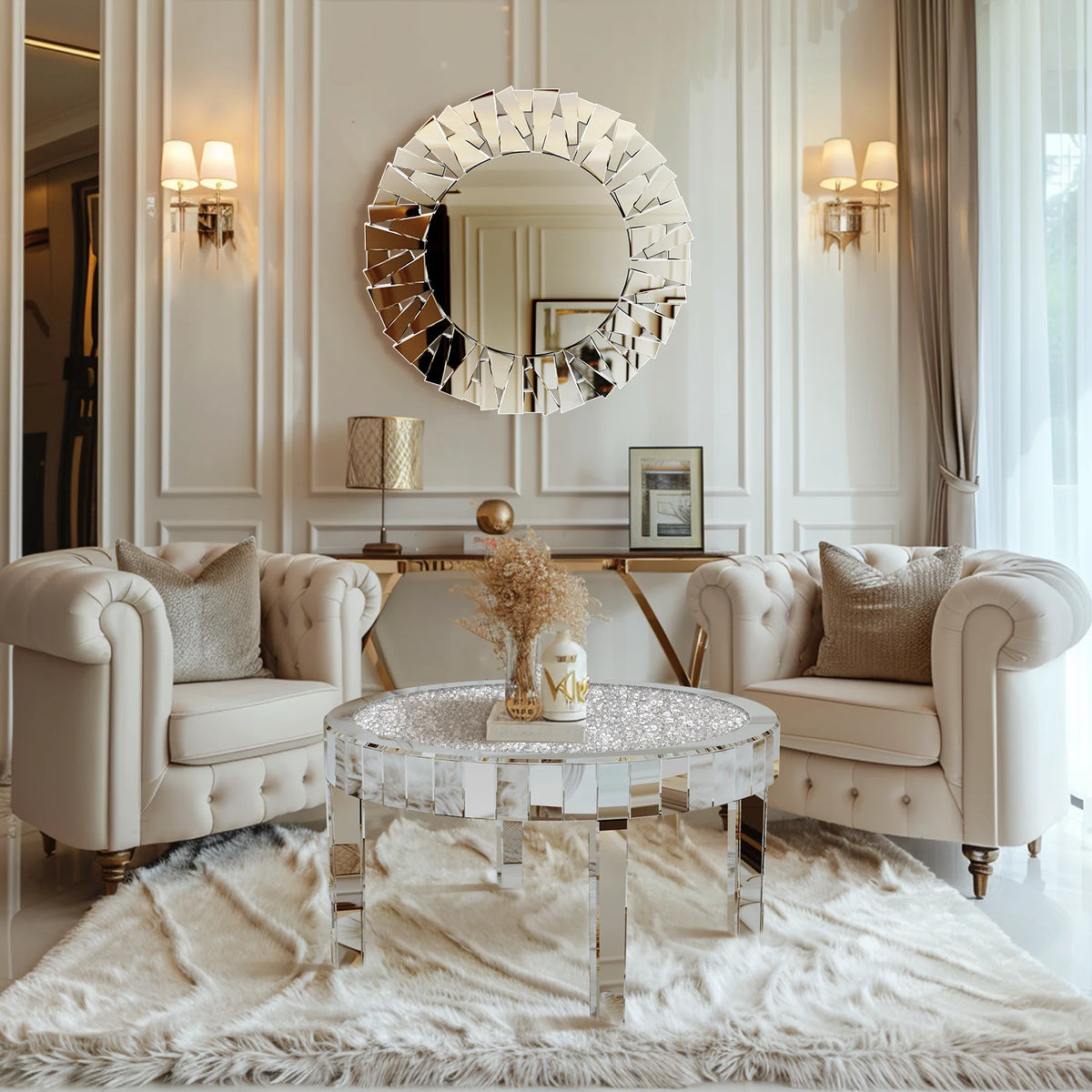 Modern Round Mirrored Glass Coffee Table Featuring Crystal Inlay Accent
