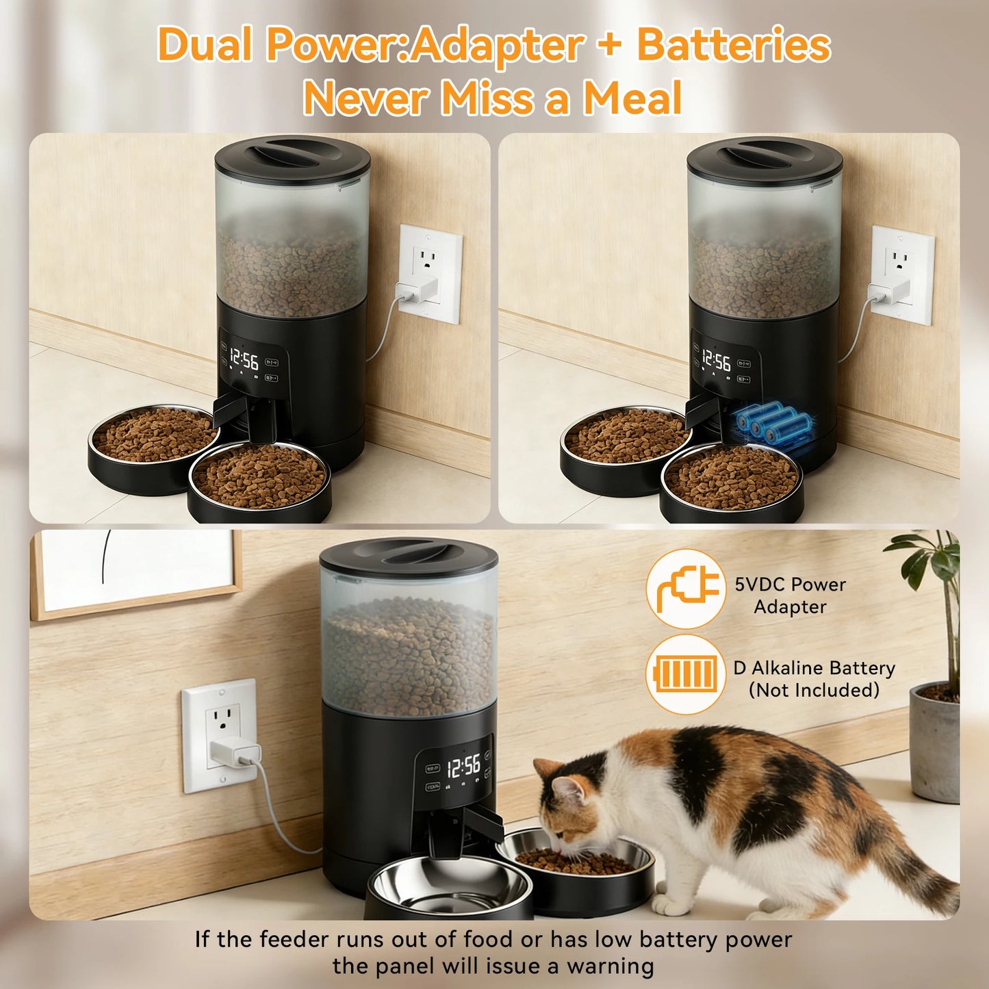 6L Automatic Cat Feeder With Dual Stainless Bowls And Timer