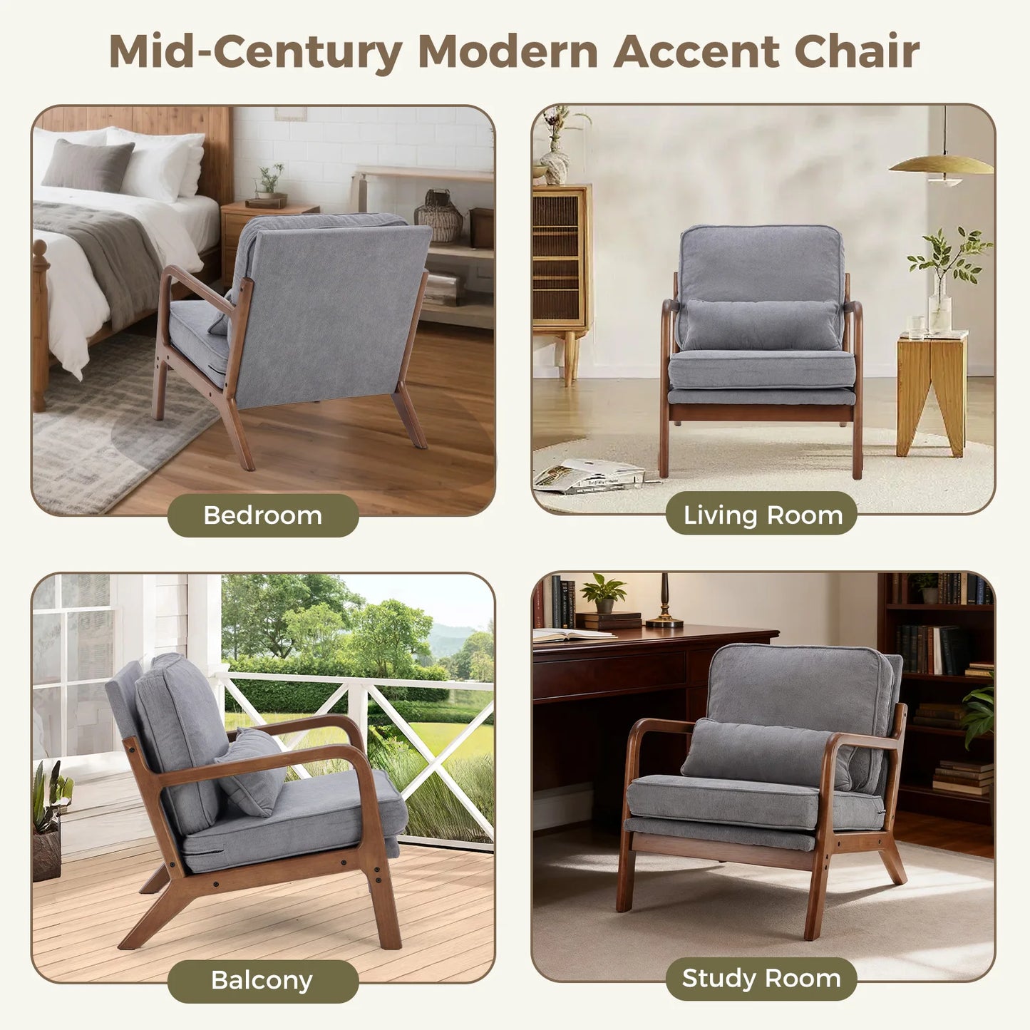 JHK Mid Century Modern Wood Armchair With Cushioned Seat