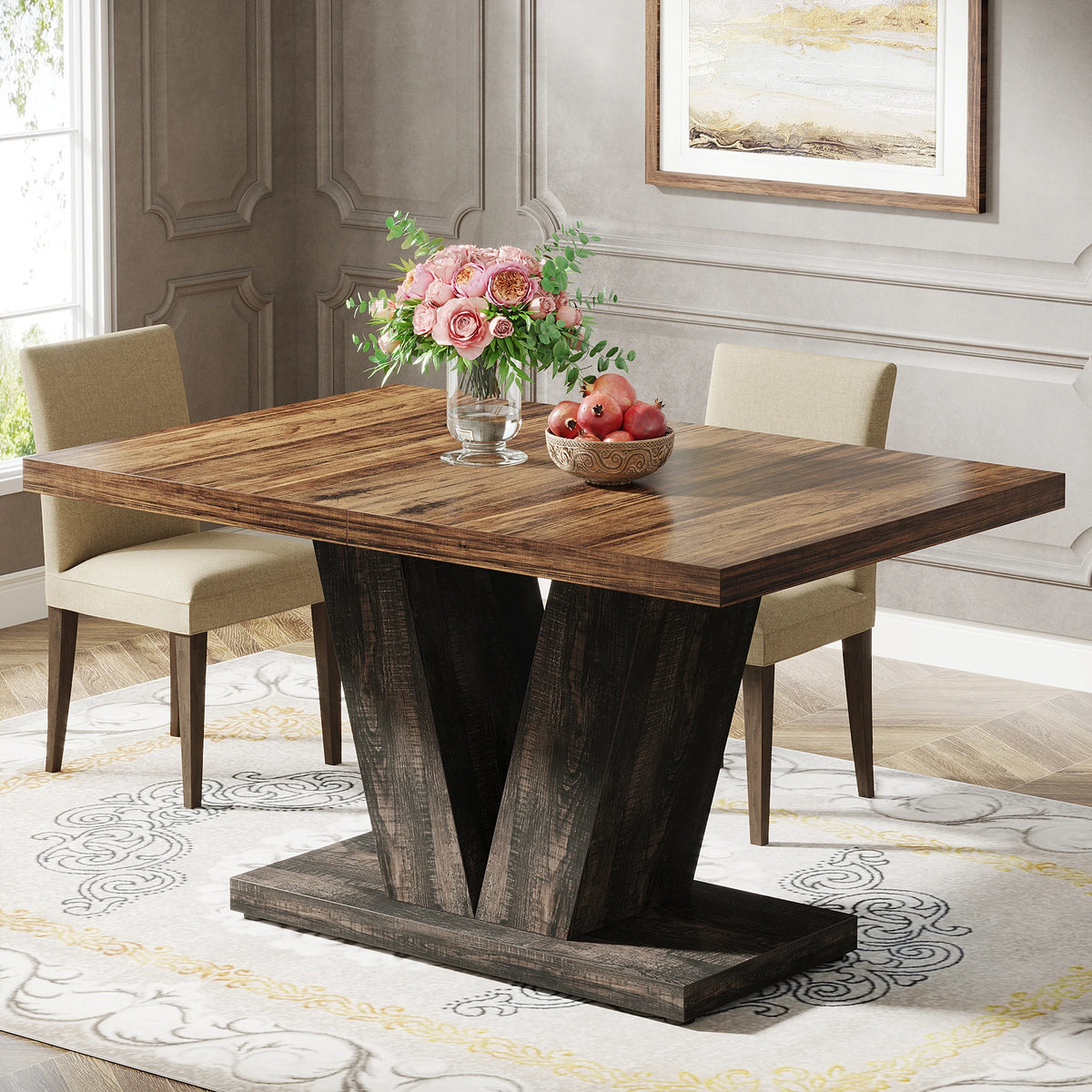 Tribesigns Wooden Farmhouse Dining Table With Heavy Duty Pedestal