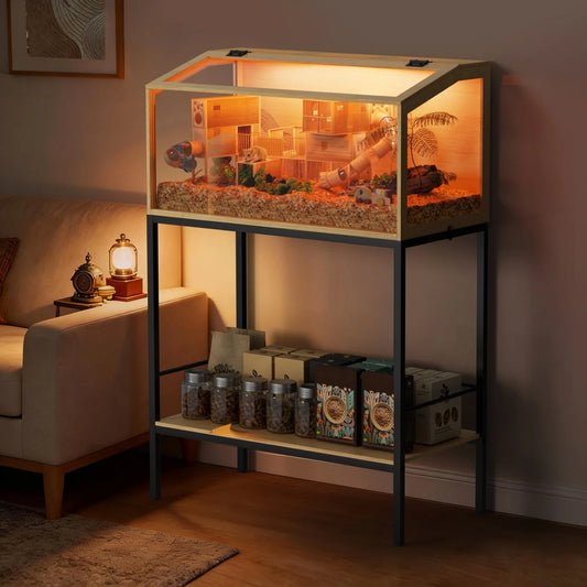 Wooden Hamster Cage Chewproof Tempered Glass Panels And LED Light
