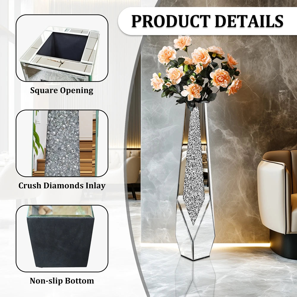 Luxury Crushed Diamond Mirrored Standing Floor Flower Vase