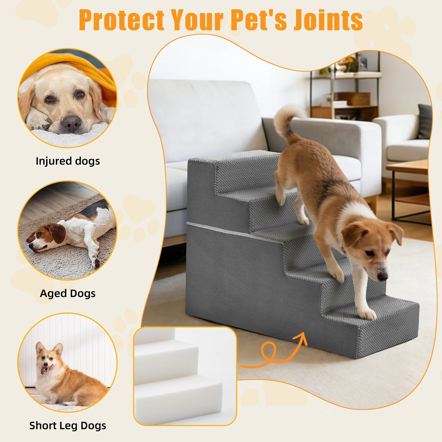 Right Angled Foam Dog Stairs 3 To 5 Steps Non Slip Ramp