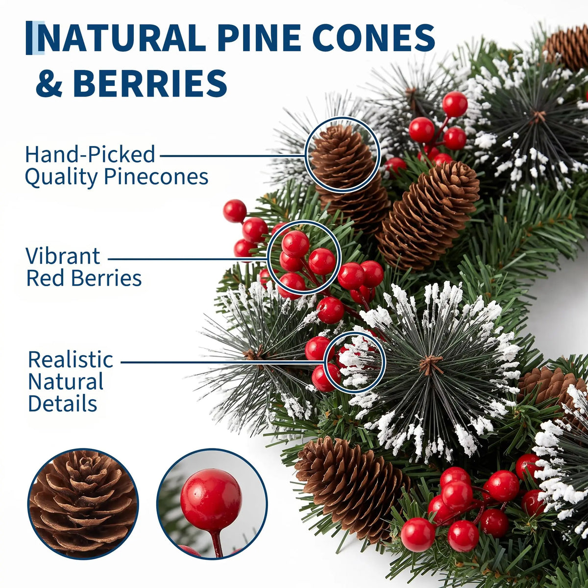HiMISS Prelit Christmas Pine Wreath With LED Lights And Berries