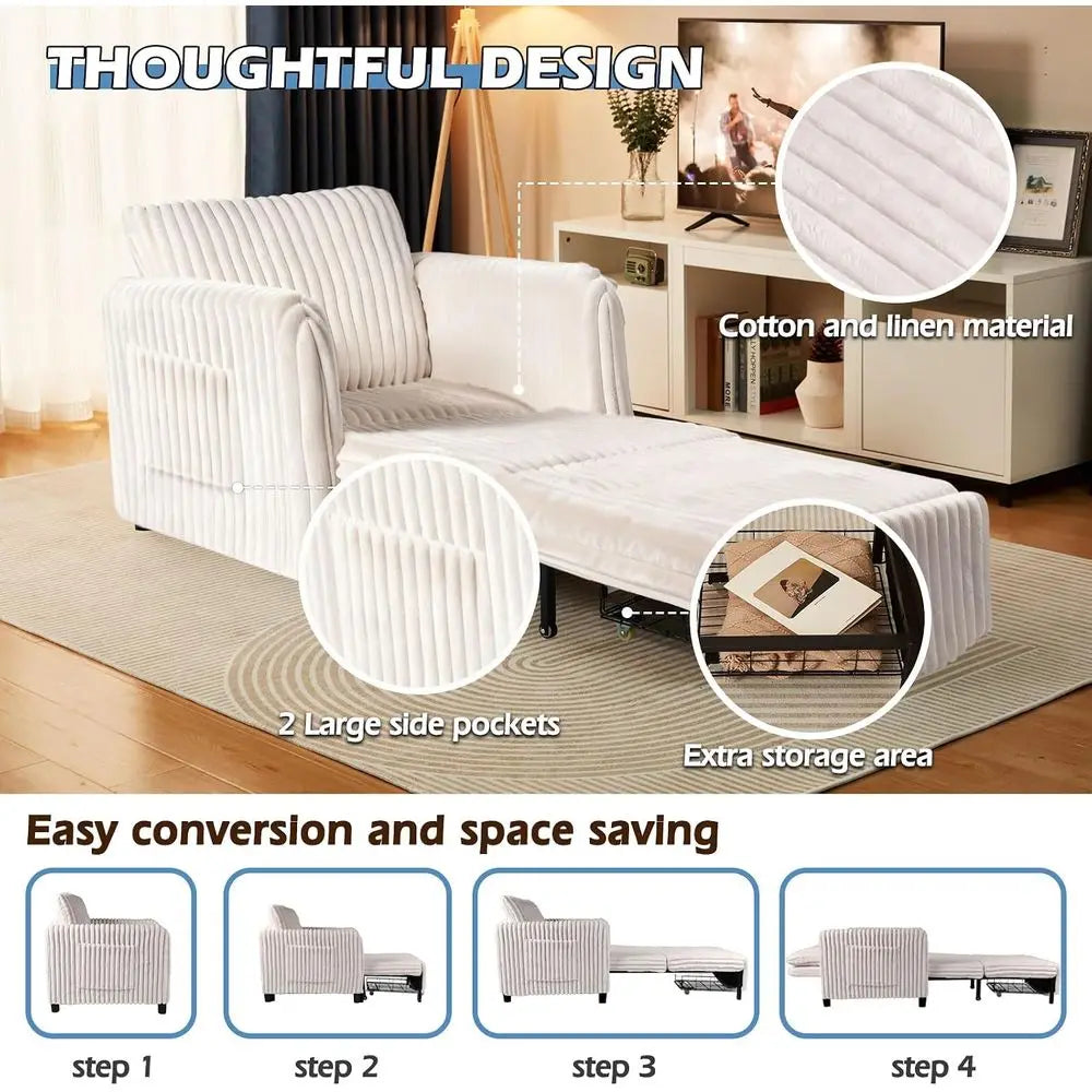 Convertible Sleeper Chair With Plush Cushion And Solid Wood Frame