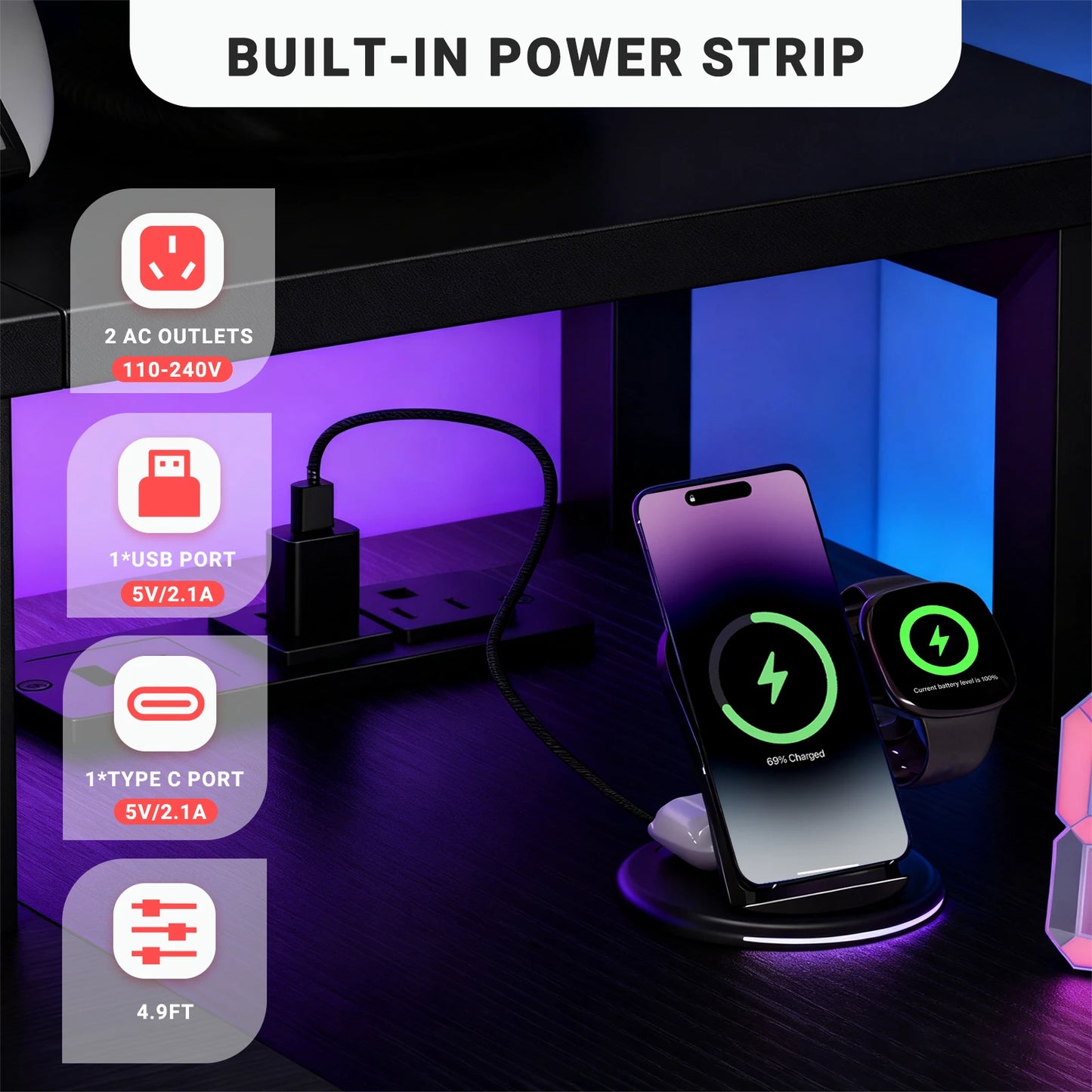 JHK L-Shaped Gaming Desk With USB Ports And LED Illumination