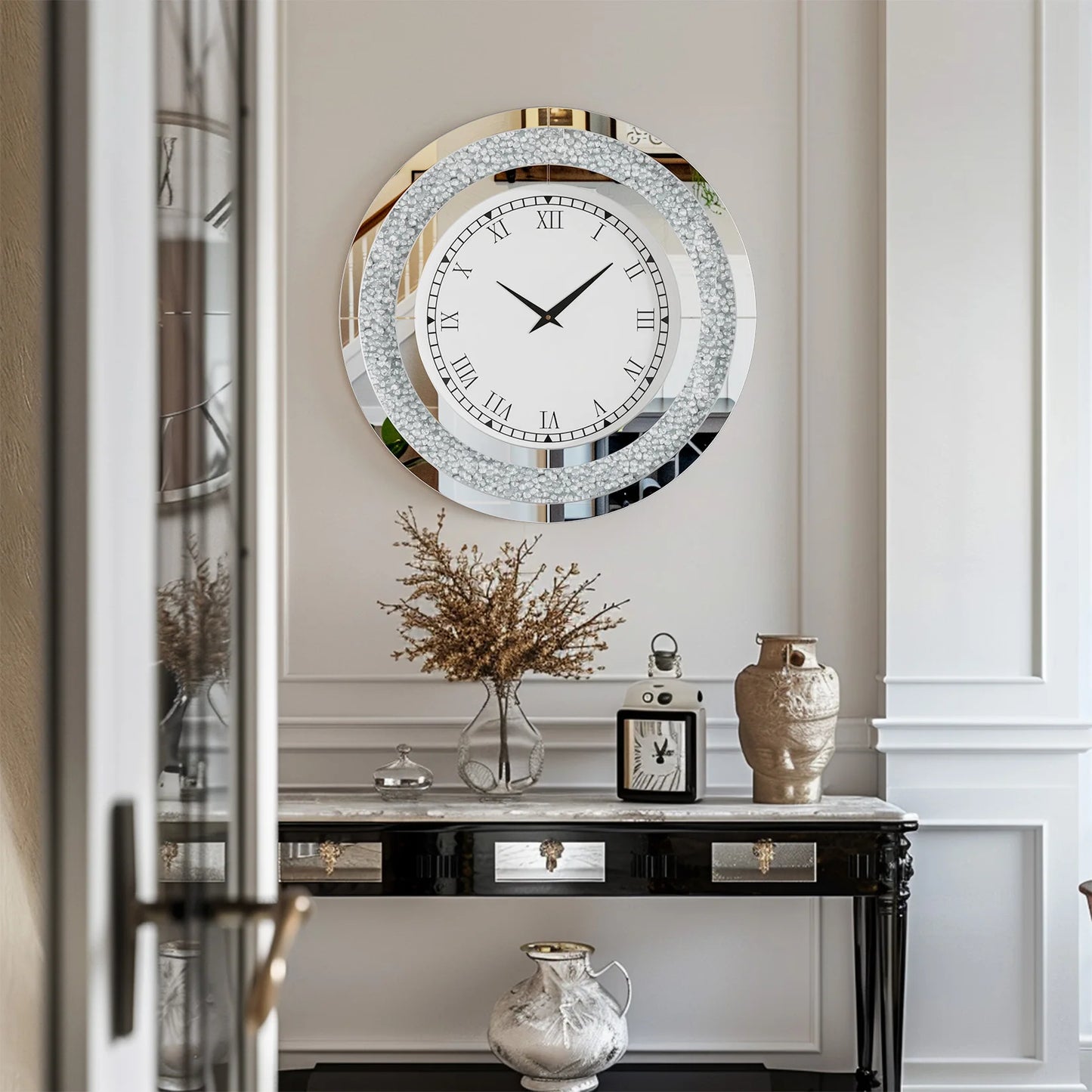 Decorative Crystal Mirrored Wall Clock With Silent Movement