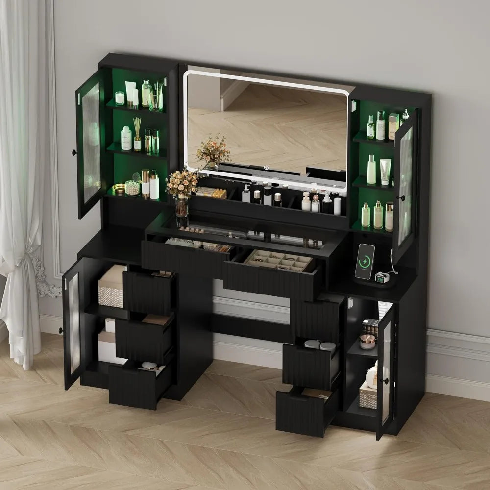 Fluted Makeup Vanity Desk With LED Mirror And Drawers