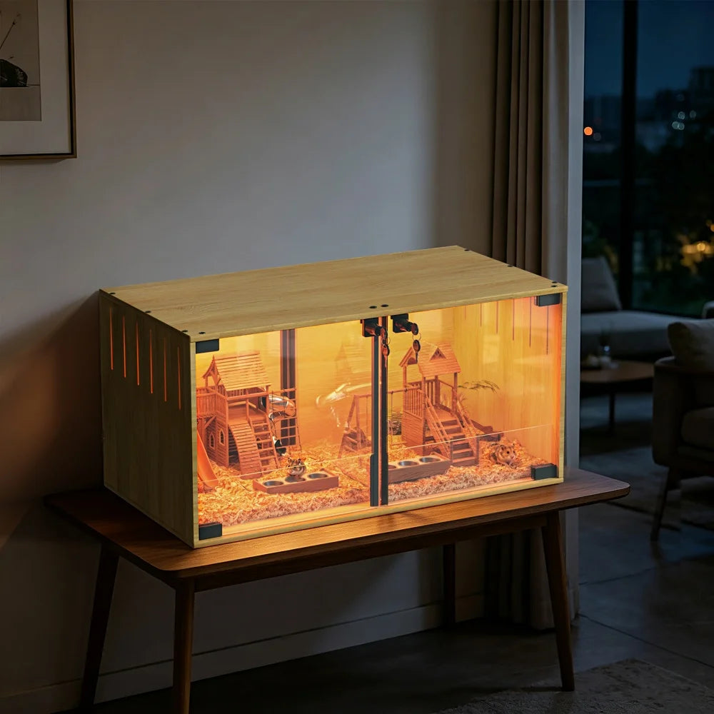 Wooden Hamster Cage With Dual Door Lock Chew Proof Divider