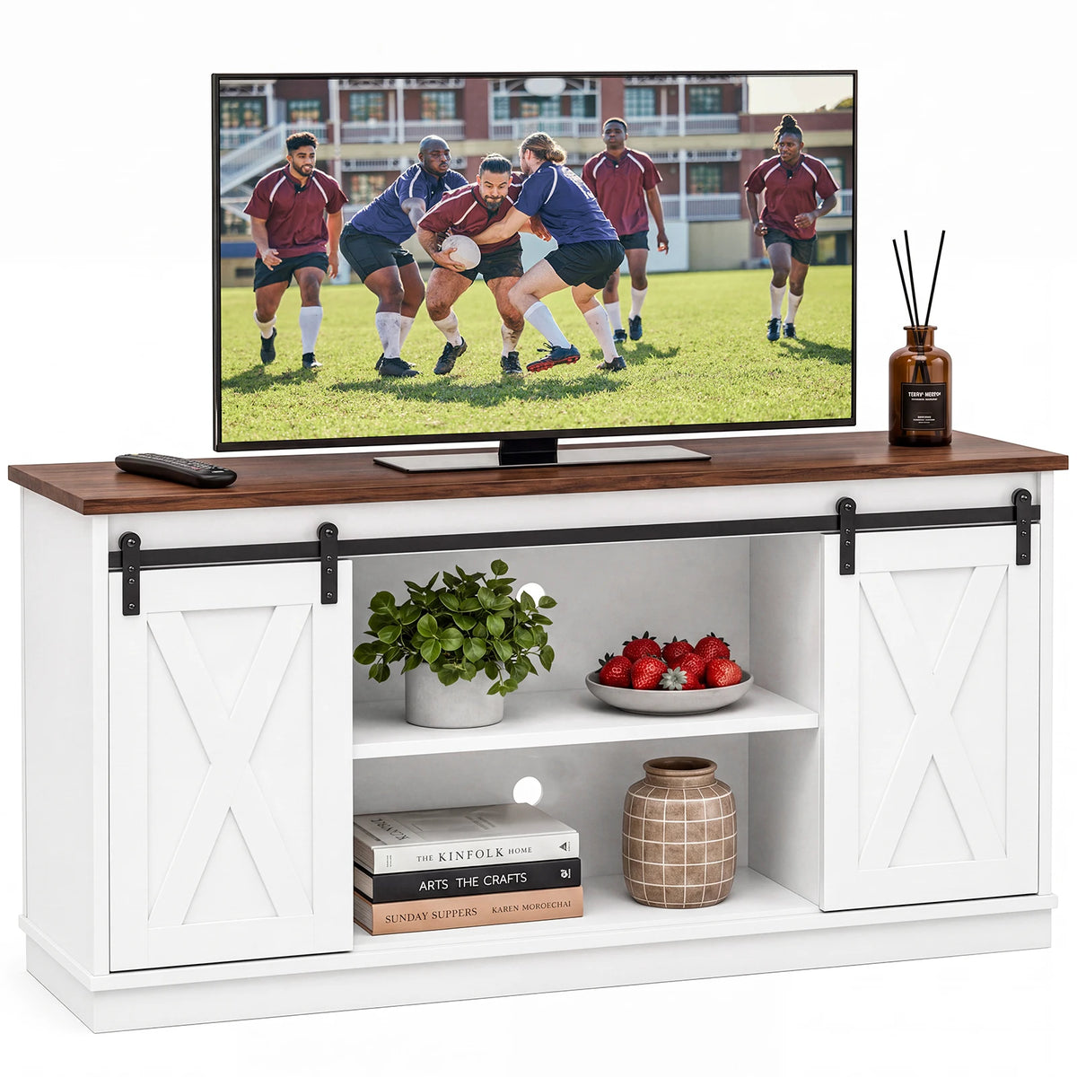 MCQ Minimalist Modern Wood TV Console With Storage Shelves