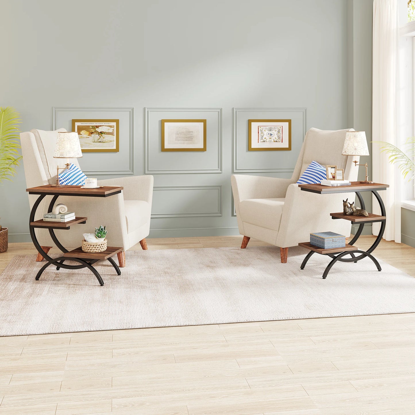 Tribesigns C Shaped End Table With 3 Tier Storage Shelves