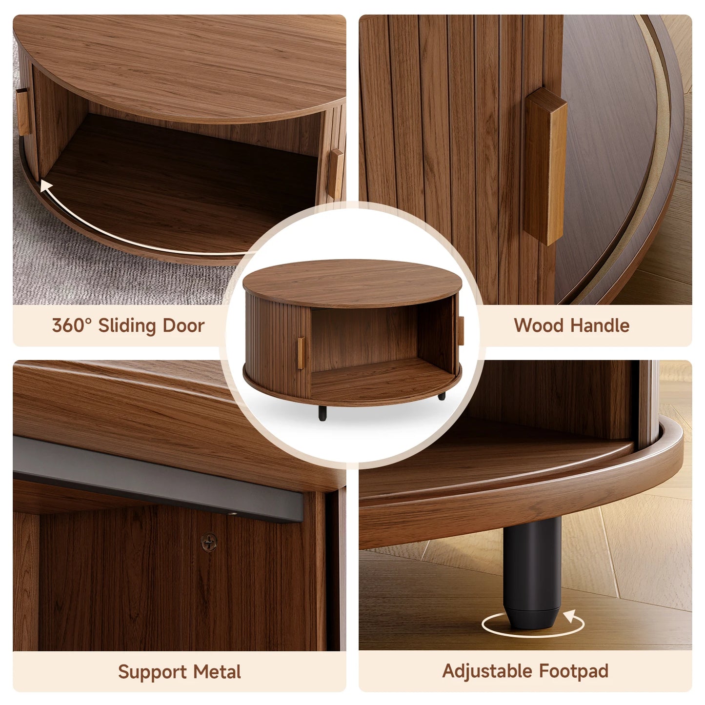 Onbrill Round Coffee Table With Storage And Curved Sliding Door