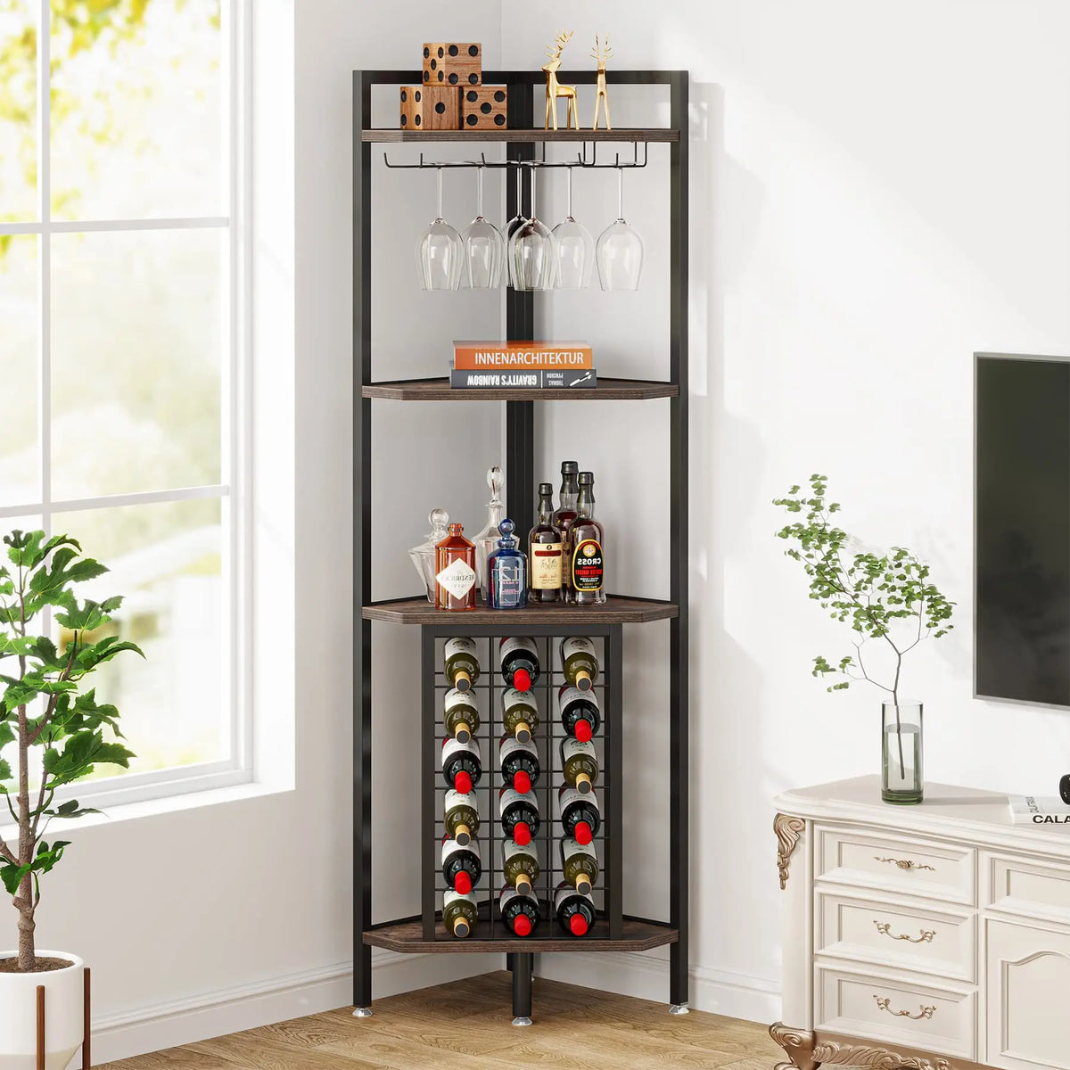 Tribesigns Modern Wooden Wine Rack Bar Cabinet With Glass Holder