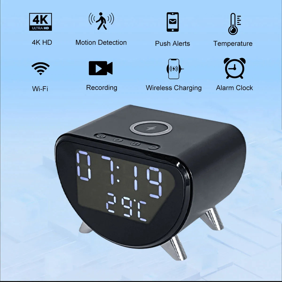 Ouvis 4K WiFi Clock Camera With Wireless Charging Motion Detection