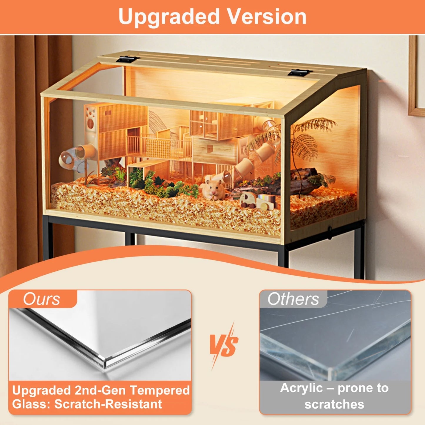 Wooden Hamster Cage Chewproof Tempered Glass Panels And LED Light