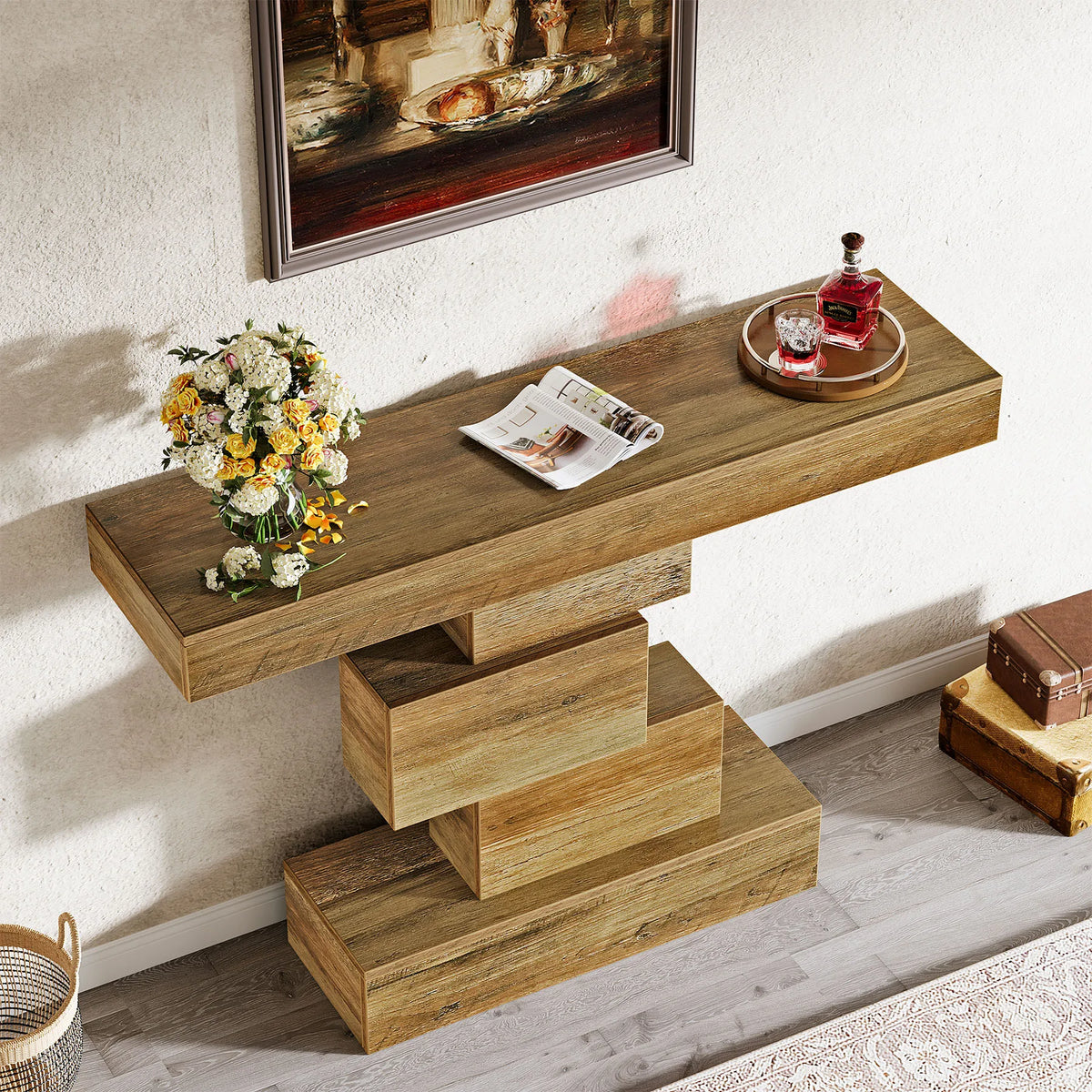 Tribesigns Farmhouse Wooden Console Table With Storage And Geometric Base