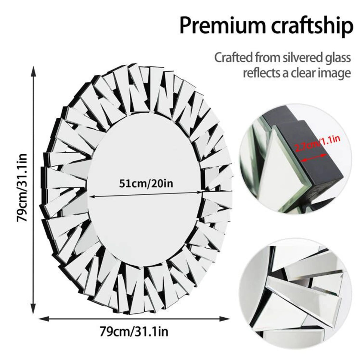 Unique Sunburst Decorative Round Beveled Glass Wall Mirror Accent