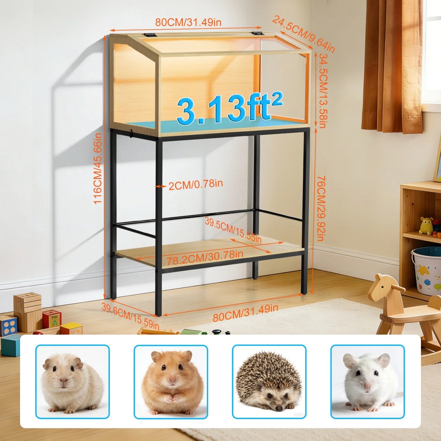 Wooden Hamster Cage Chewproof Tempered Glass Panels And LED Light