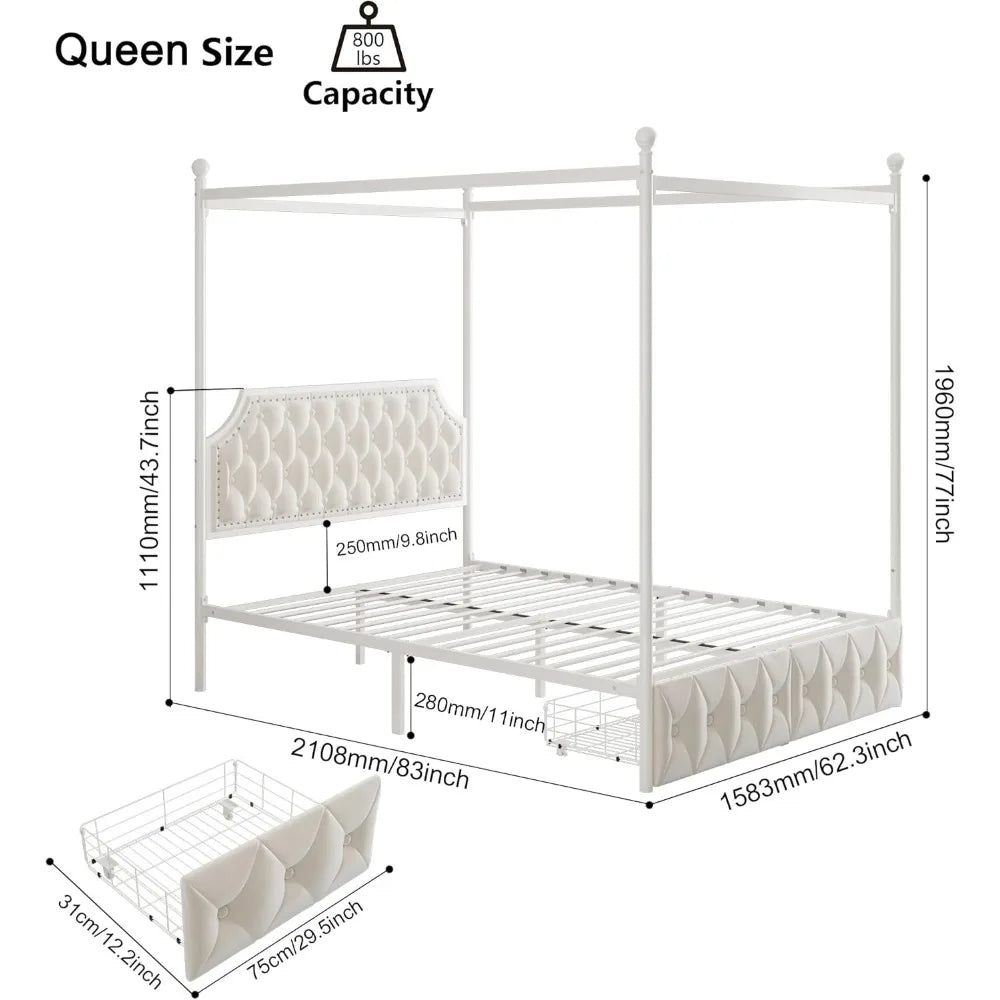 XMSJ Canopy Bed Frame With Storage Drawers And Metal Platform