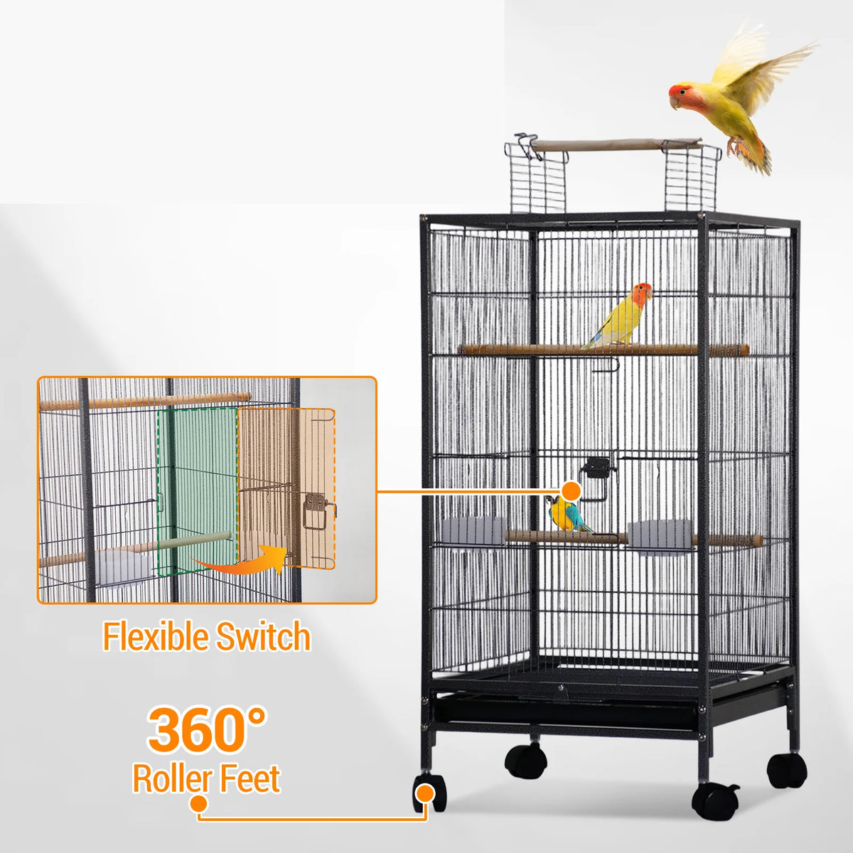 HiMISS Open Top Metal Bird Cage With Perches Feeder Tray