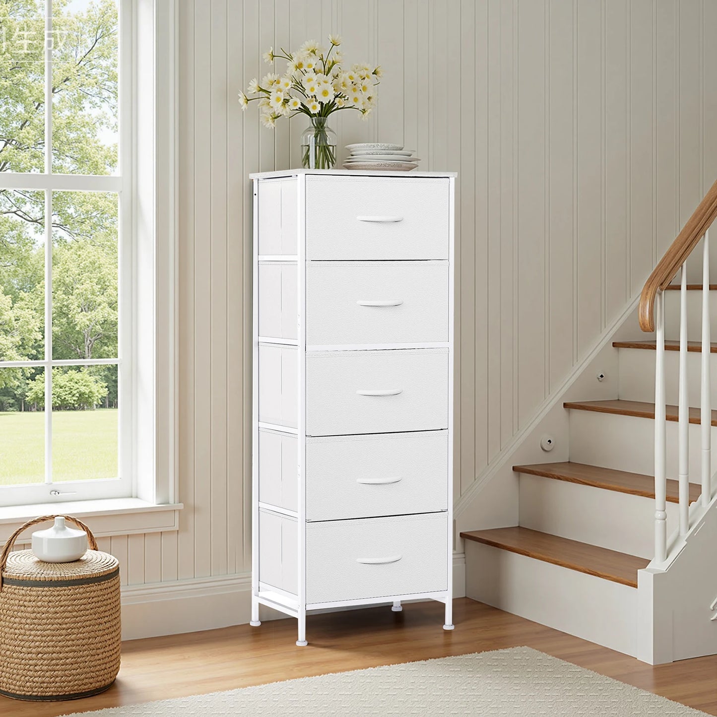 JHK Dresser With Five Fabric Drawers Steel Frame Bedroom Furniture