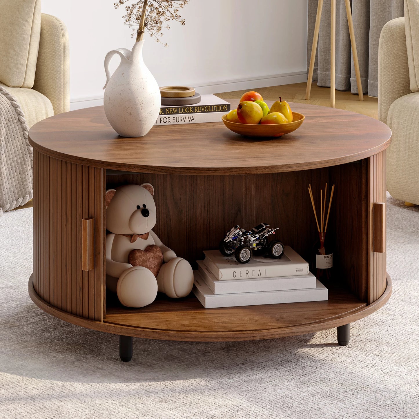 Onbrill Round Coffee Table With Storage And Curved Sliding Door