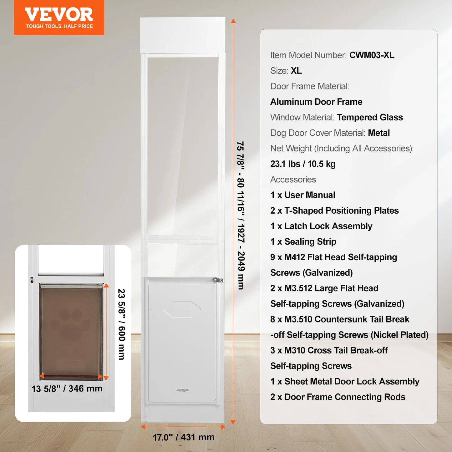 SucceBuy Adjustable Height Sliding Glass Dog Door With Tempered Glass