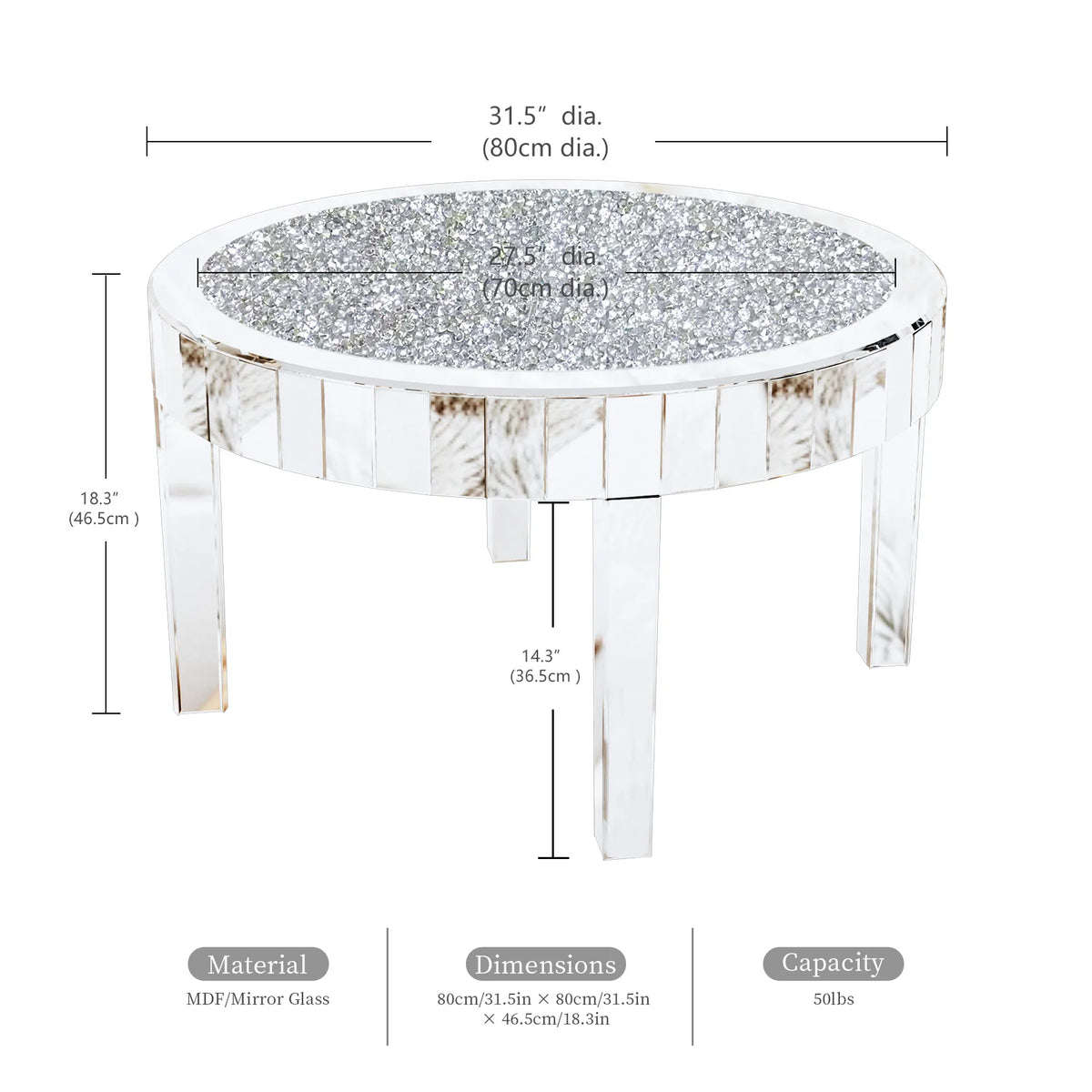 Modern Round Mirrored Glass Coffee Table Featuring Crystal Inlay Accent