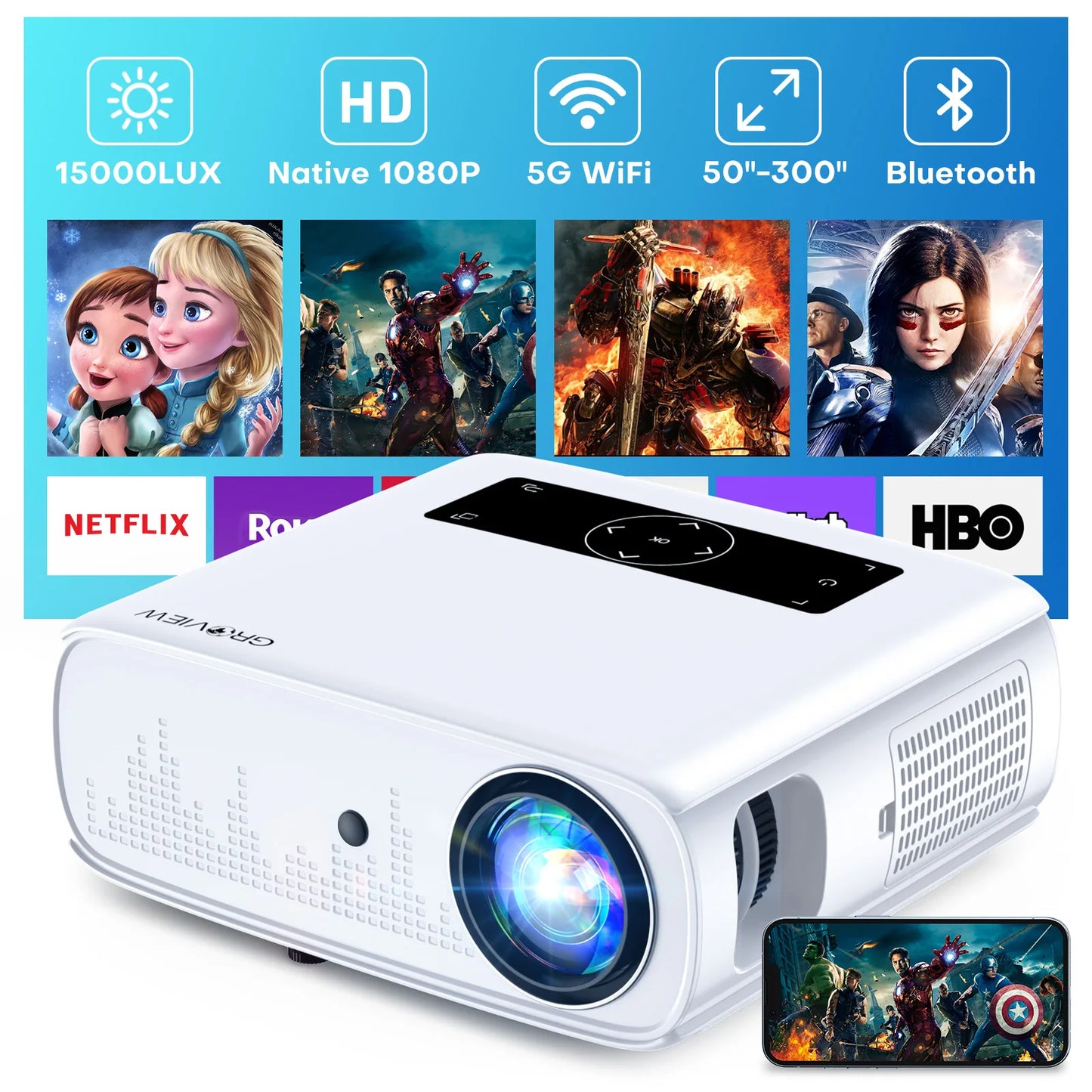 Groview 1080P Projector With Wifi And Bluetooth For Home Entertainment